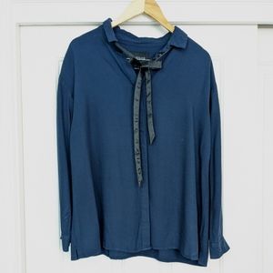 WILDFANG Oxford Navy Blue Button Down Blouse Ribbon Long Sleeve Shirt Sz Large